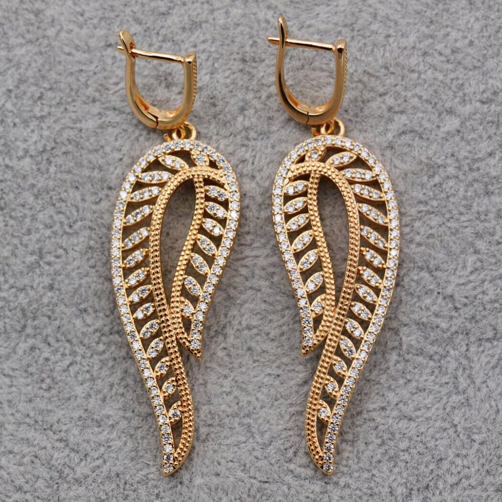 18K Yellow Gold Filled Swirl Wing Leaf Diamond Zircon Dangle Earrings Gorgeous